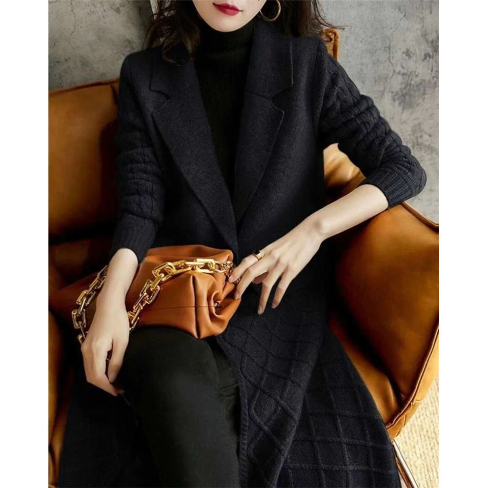 Autumn Winter New Wool Sweater Coat Women Long Knitted Cardigan Jacket Korean Lapel Style Temperament Solid Sweater Windbreaker