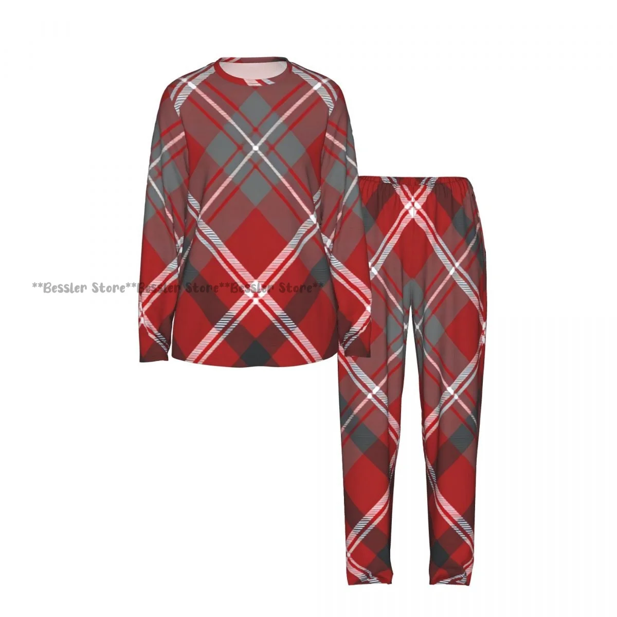 2 Piece Loungewear Women Pajama Sets Red Check Plaid Texture Soft Homewear Sleepwear Long Sleeve Nightwear