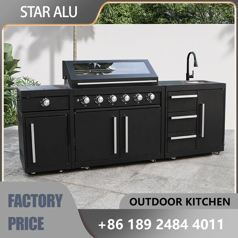 All-in-One Outdoor Kitchen with Built-in Grill, Sink, and Storage Cabinets Stainless Steel Modular Backyard Kitchen