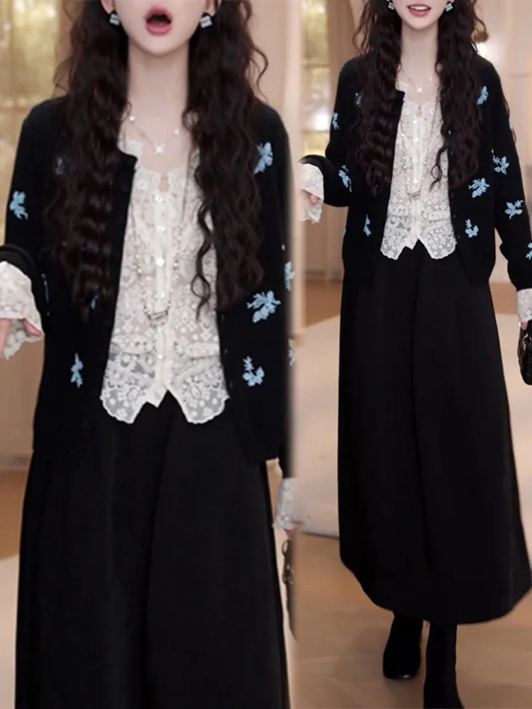 Conjunto de Falda y Cárdigan Abierto de Encaje Tejido Estilo Hebe, Traje de Tres Piezas para Mujer, Moda Primavera-Otoño, Transpirable, Grosor Medio