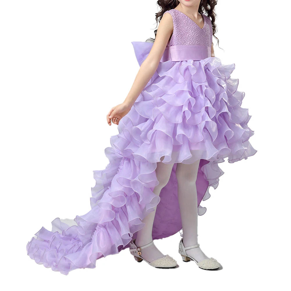 Tiered Detachable Train Baby Flower Girls Organza Party Dress for Wedding Lilac Christmas Ceremony Dress for 1-14Y Kids