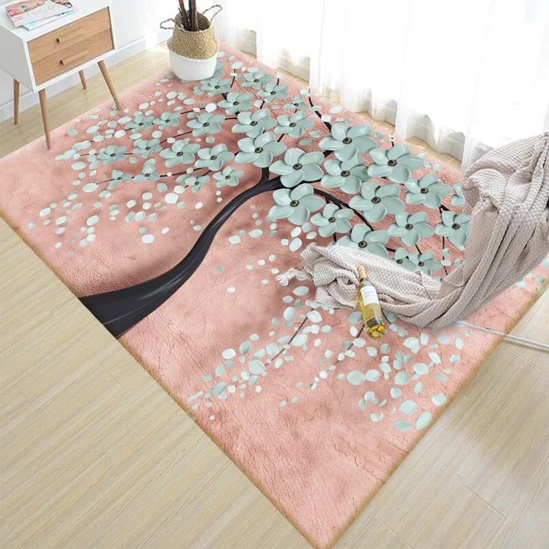 3D Blumen-Teppich in Rosa für Schlafzimmer und Wohnzimmer, Dekorativer Großer Bodenteppich, Rutschfest, Waschbar, Krabbel- und Spielmatte
