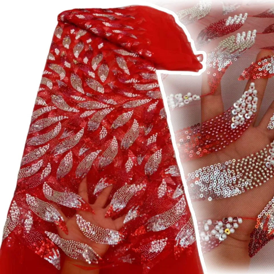 Tela de encaje con cuentas de lentejuelas africanas de lujo 2025, alta calidad para novio, boda nigeriana, bordado nupcial, costura de tul francés SZ1535