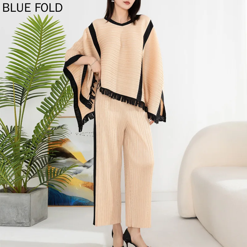 

MIYAKE Pleated Fashion Set for Women's Spring New Contrasting Tassel Cape Top+high Waisted Draped Straight Pants 2 Piece Sets