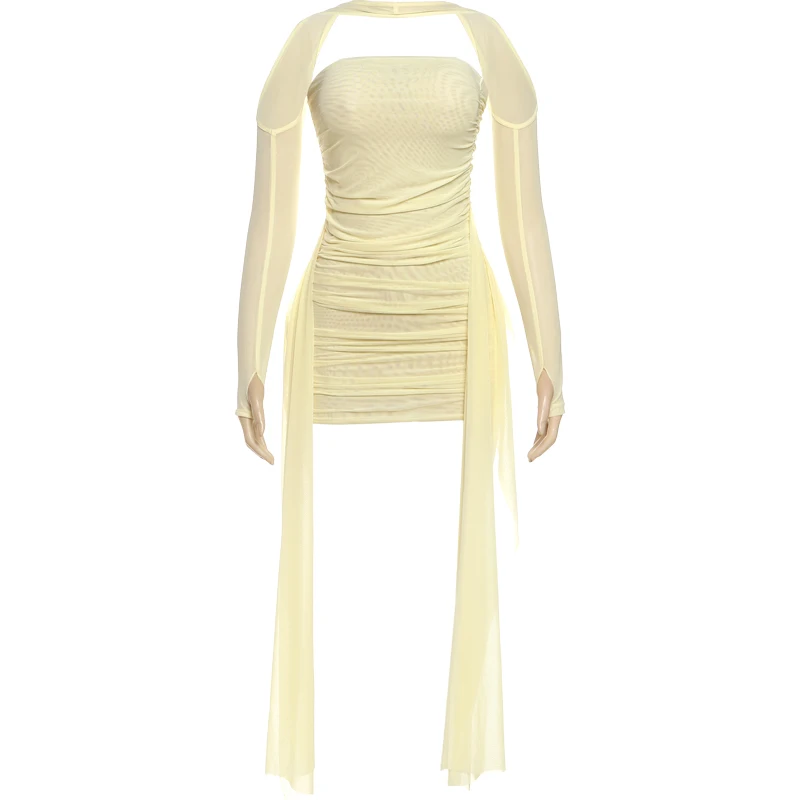 Nibber vacances d'été Sexy voir à travers la robe + châle femmes froncé côté ruban Coquette maigre minuit Clubwear fête moulante