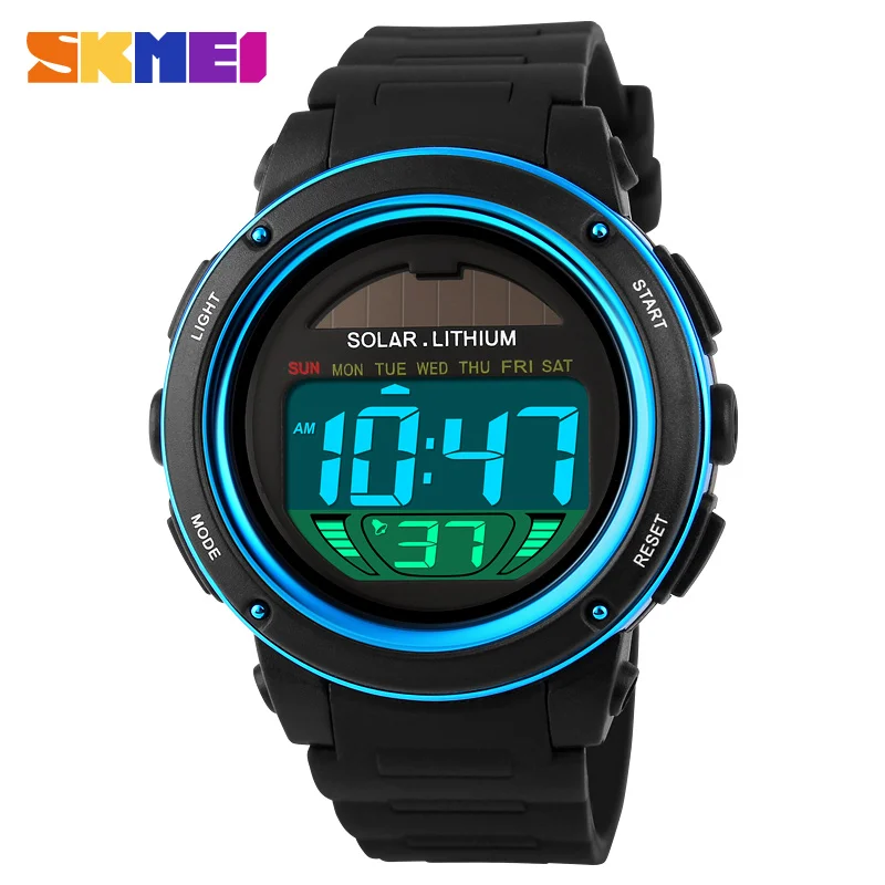 SKMEI Outdoor Sport Watch Men Solar PU Strap Wristwatches Mens Chronograph Alarm 5Bar Waterproof Digital Watch reloj hombre 1096