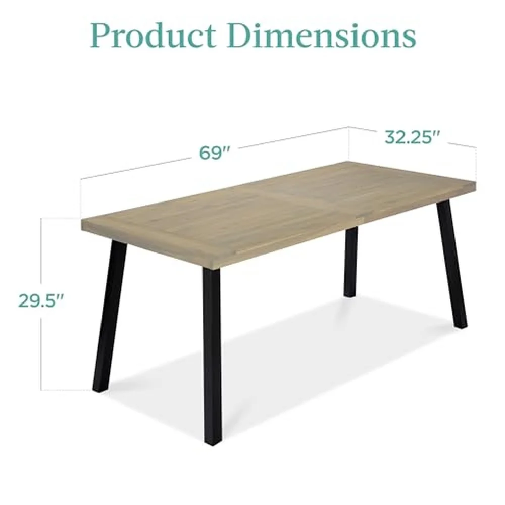 6 Person Indoor Outdoor Acacia Wood Dining Table Picnic Table w/Powder Coated Steel 350 Pound Capacity Legs Taupe