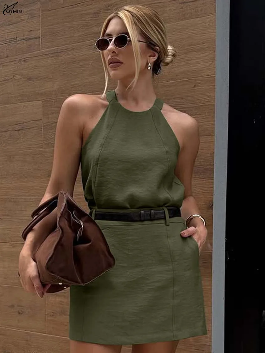 

Oymimi Summer Green 2 Pieces Set For Woman Fashion O-Neck Sleeveless Blouses And High Waist Straight Mini Skirts Female Sets