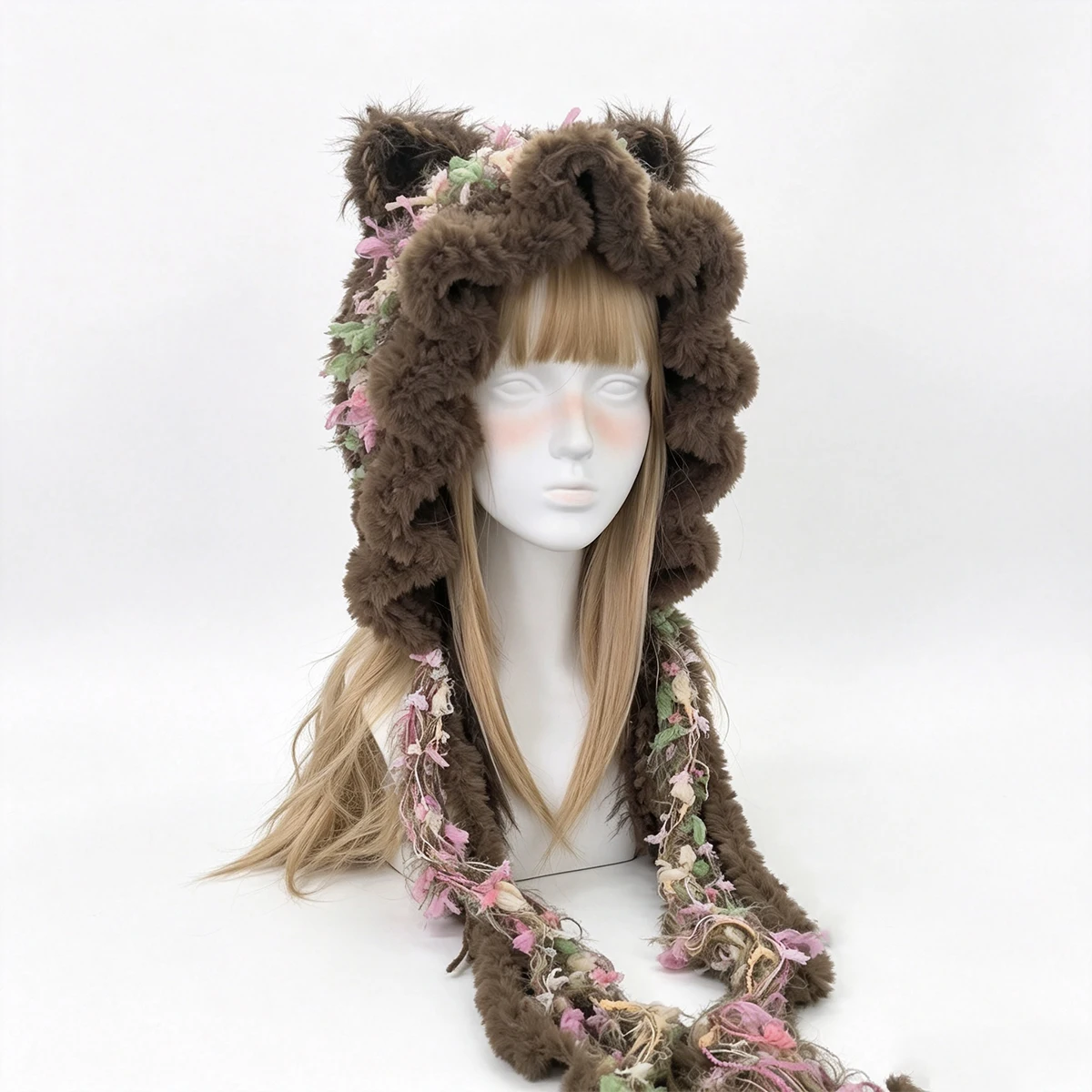 Custom Hand‑Crocheted Brown Floral Cat Ear Hood Women Knitted Tassel Charm Beanie Woodland Fairycore Winter Hat Gift For Female