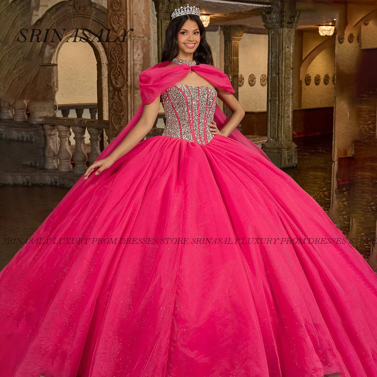 فستان Quinceanera مخصص فستان حفلة سباغيتي دانتيل مزين بكريستال مطرز بالخرز حلو 16 من الكتف فيستدوس دي 15 أنيوس