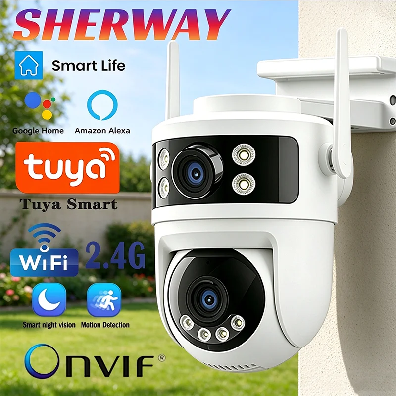 TUYA 6MP WIFI IP-Kamera 2.4G Außenbereich 350 °   PTZ Dual-Linsen-Sicherheitsüberwachungskamera mit Digitalzoom, automatischer Verfolgung und Nachtsicht