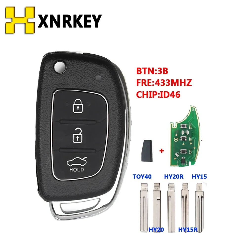 

XNRKEY for Hyundai Elantra 2014 2015 2016 3 Buttons Flip Remote Control Car Key Fob 433Mhz ID46 Chip