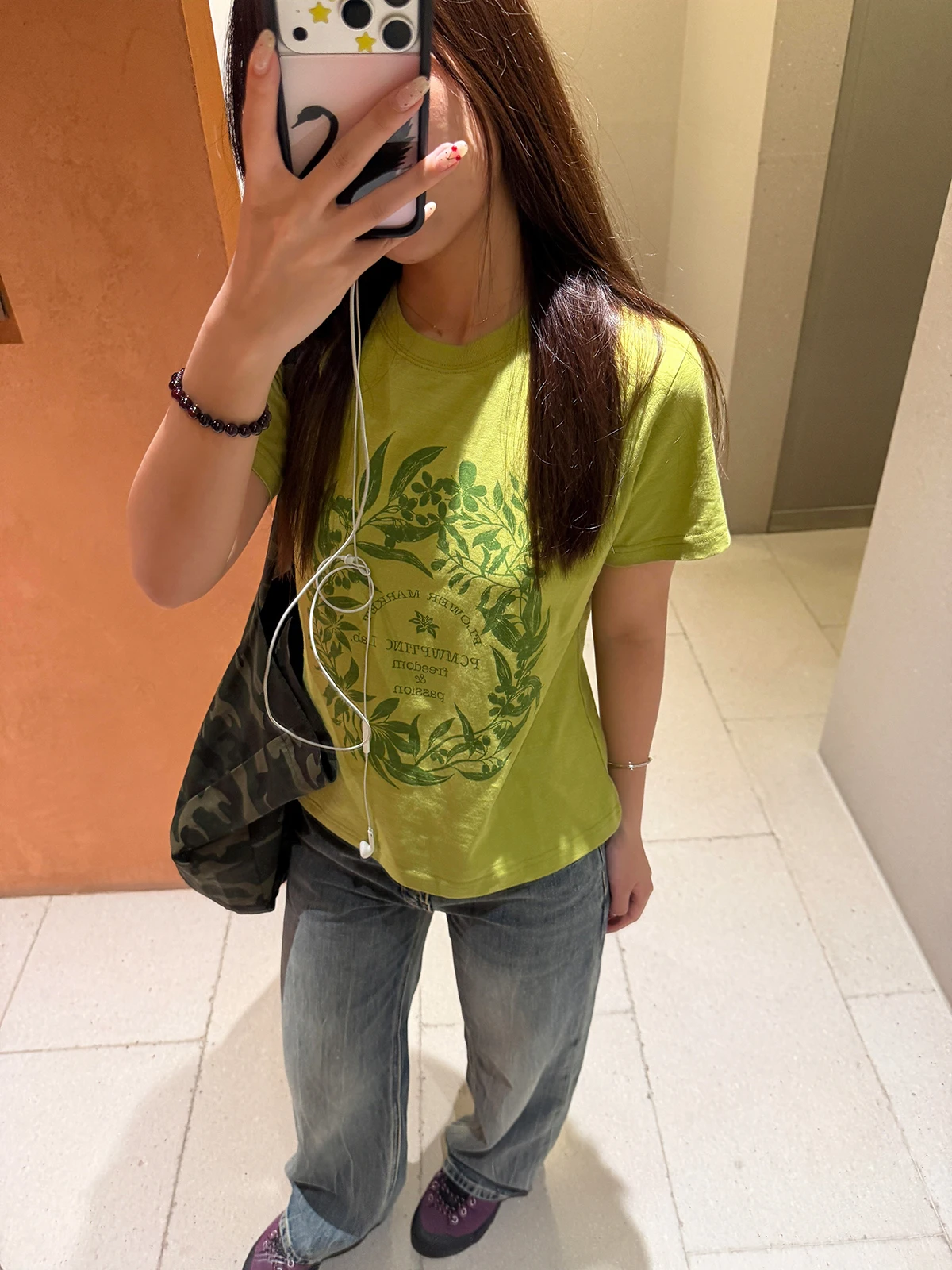 Sakura Bamboo Cotton Short Sleeve T-Shirt Women's Casual round Neck Breathable Comfortable Plant Floral Print All-Match Summe...