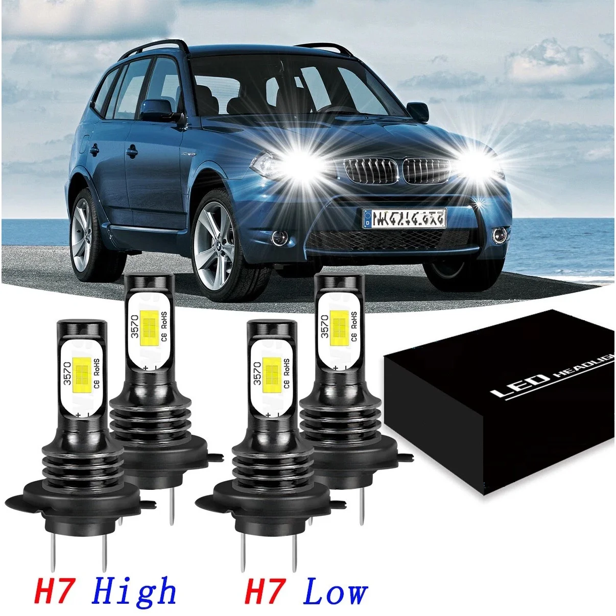 4 قطع H7+ H7 LED مجموعة المصابيح الأمامية مجموعة المصابيح الكهربائية شعاع عالي ومنخفض 6500K أبيض فائق السطوع.