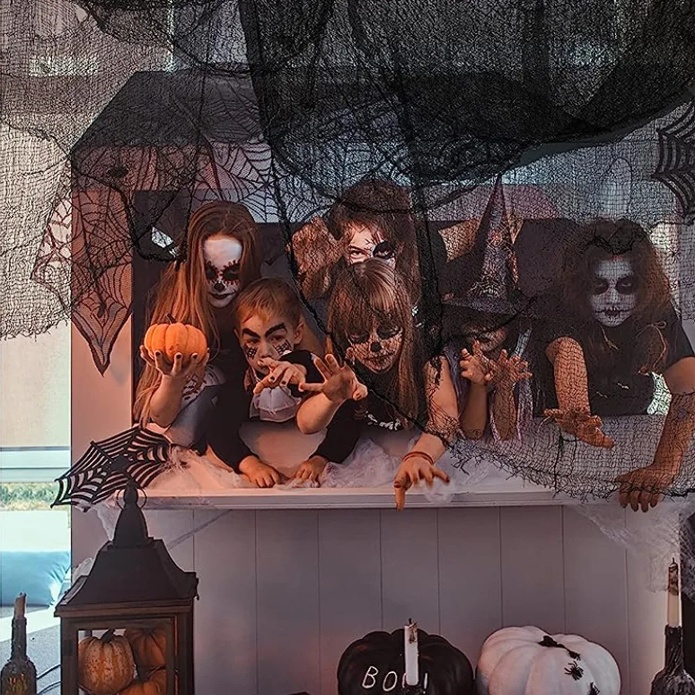 76 x 183 cm Halloween-Dekorationen, schwarzes gruseliges Gaze-Tuch, Fenster, Tisch, Tür, Netz, gruseliges Kostüm, Party, Spukhaus, Wanddekoration – Detail 9