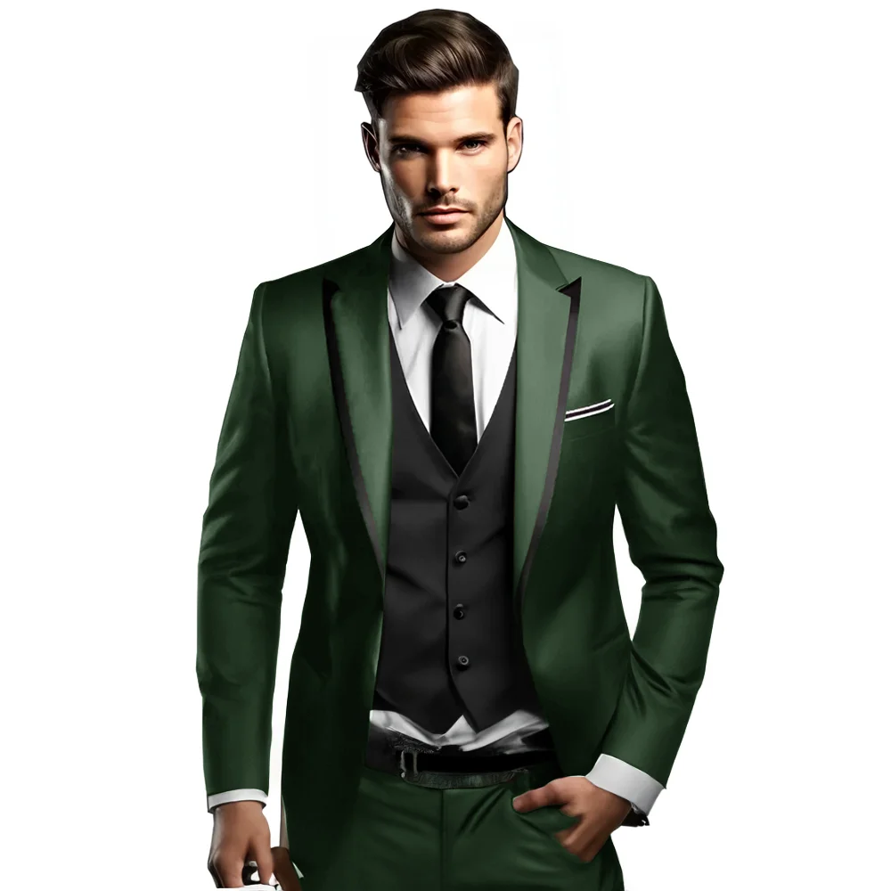 Brown Men's Suit 3-piece Black Vest Wedding Groom Tuxedo Formal Party Dress Slim Fit Blazer Pants Vest