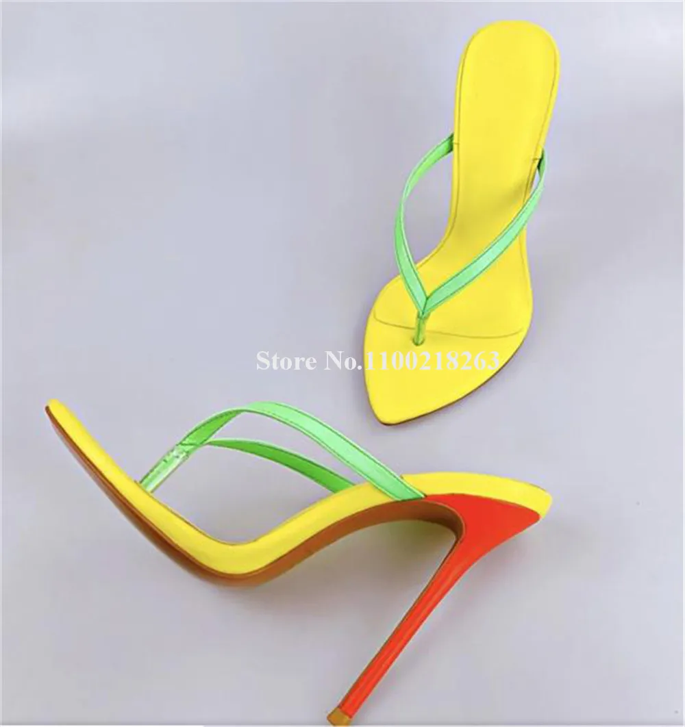 Summer Fashion Pointed Open Toe Clip Toe Thin Heel Slippers Gold Yellow Patchwork Stiletto Heel Sandals Dress Heels