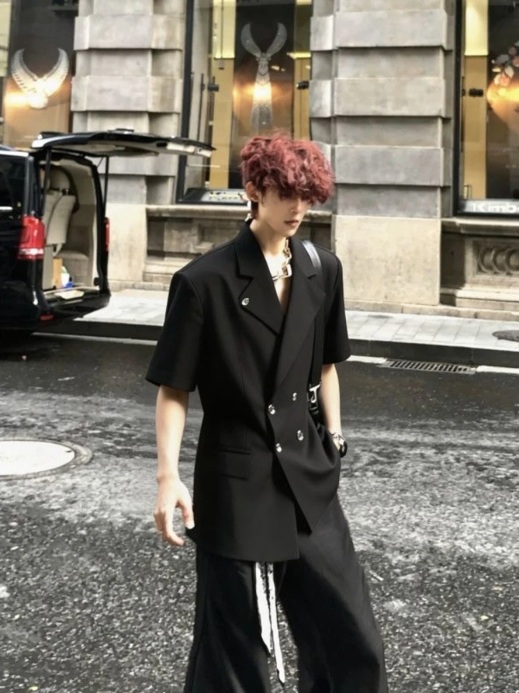 Men's Short Sleeve Blazer Irregular Shoulder Pad Design Light Luxury Summer Suit Texture Streetwear Slim Fit Casual Outfit