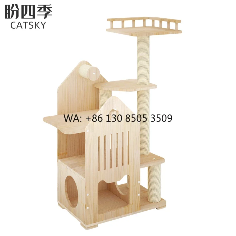 Modern Luxury Nature Wooden Cat Tree House Cat Climbing Tree Furniture Scratcher Tower Climbing Frame for Big Cat Indoor Outdoor