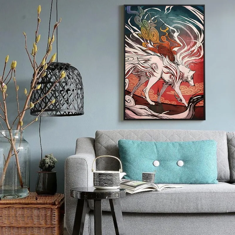 Japanese Watercolor Art Print Mythical Wolf in Cherry Blossom Landscape Divine Canine Asian Wall Art Living Room Home Decor Gift