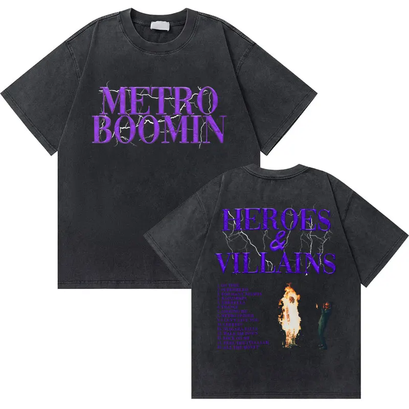 Hip Hop Washed Vintage Metro Boomin Heroes & Villains Graphic Tshirt Men Oversized T-shirts Male Fashion Tees Men's Streetwear