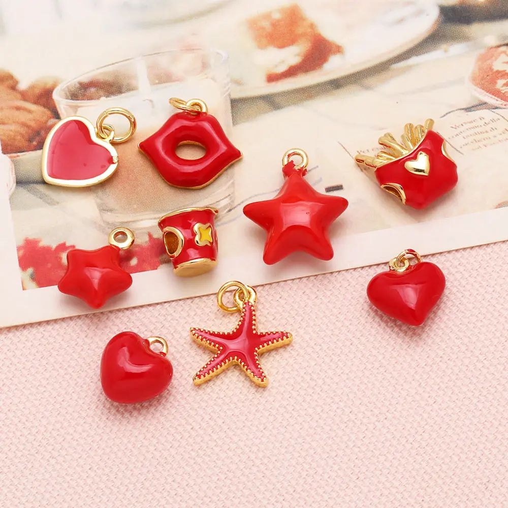 OCESRIO  Small Red Enamel Heart Charms for Bracelet Copper Gold Plated Fishstar Star Mouth Jewelry Making Accessories chma326