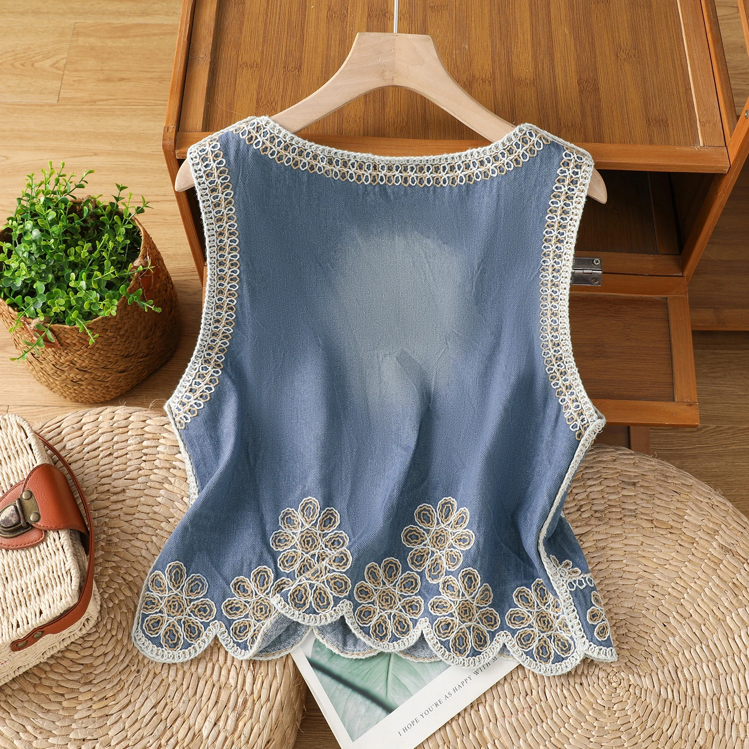 Embroidered Denim Vest Women's Summer Thin Sleeveless Outerwear Layering Shoulder Pad Top National Style Cotton Polyester Blend