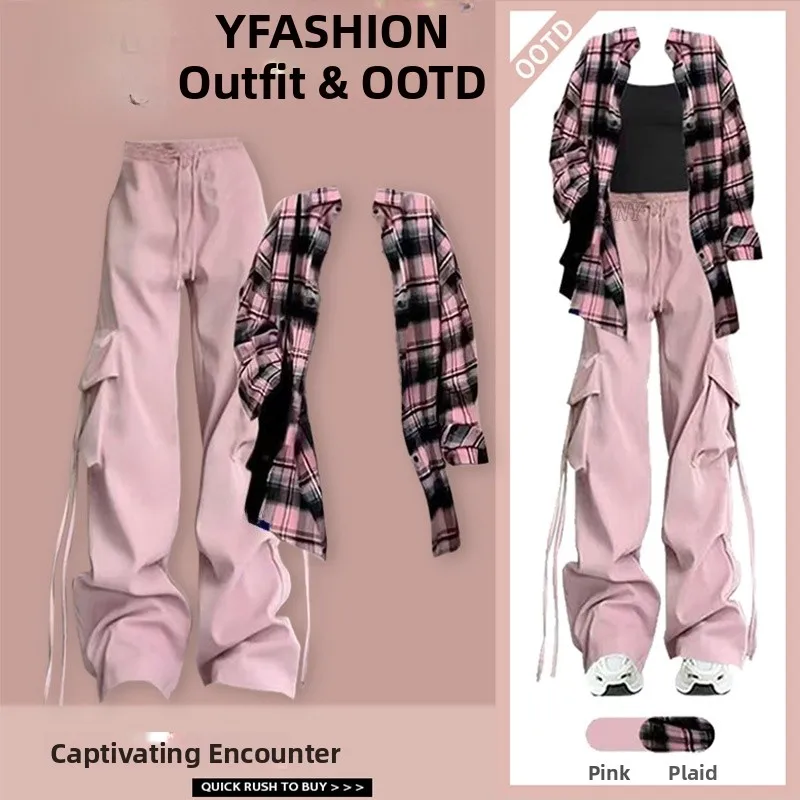 봄철 도프네 체크 무늬 조끼 하이웨이스트 캐주얼 팬츠 티셔츠 세트 여성용 다용도 패션 앙상블 롱 슬리브...