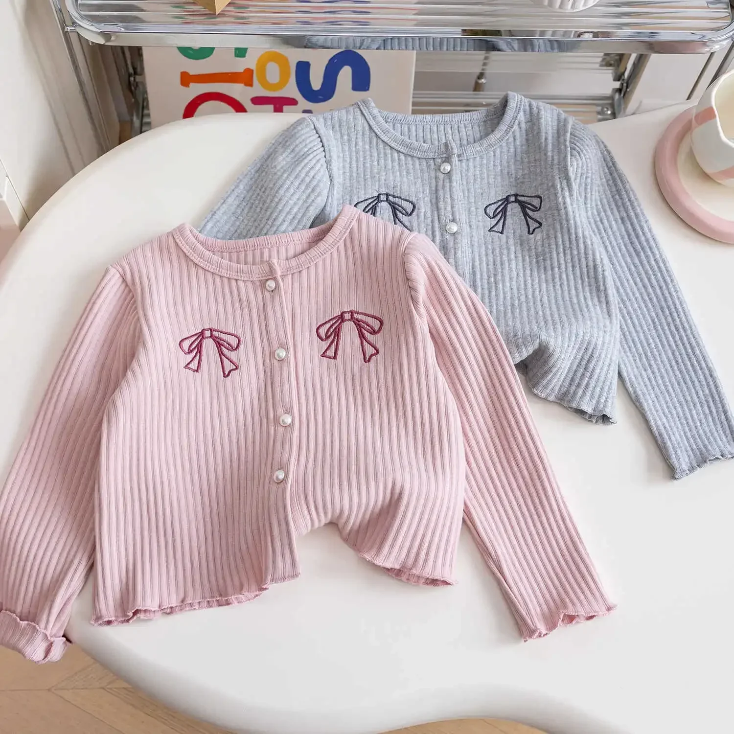 Girls Tshirt Jackets Knit Autumn Winter Coats for Kids Bow Children Cardigan Pink/grey Toddler Windbreaker Baby Outfits Clothes