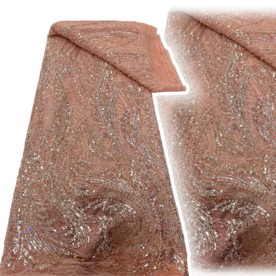 

Peach African Heavy Beaded Lace Fabric High Quality French Nigerian Beads Embroidery Groom Tulle Lace Fabric Evening Gowns T1202