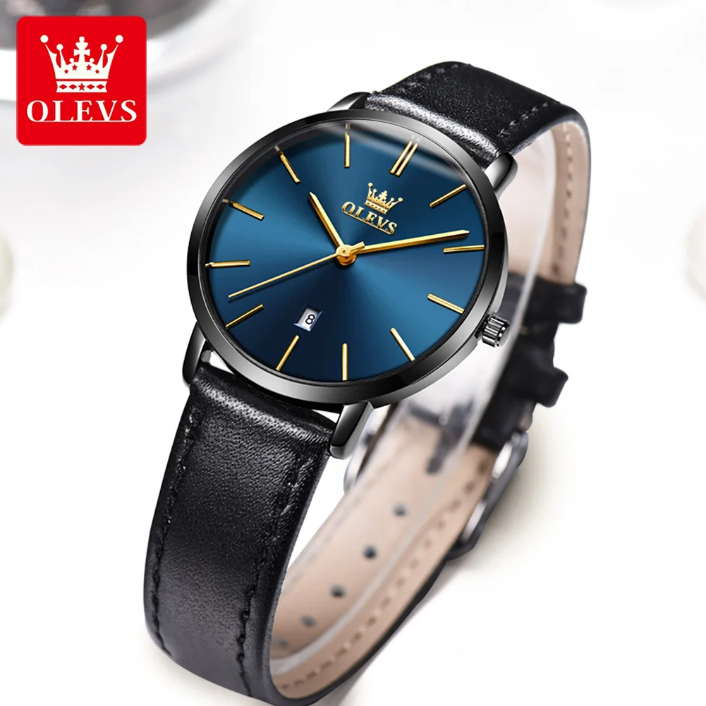 OLEVS Brand New Couple Fashion Ultra-thin Quartz Watch for Men Women Luxury Leather Strap Waterproof Calendar Lovers Watch