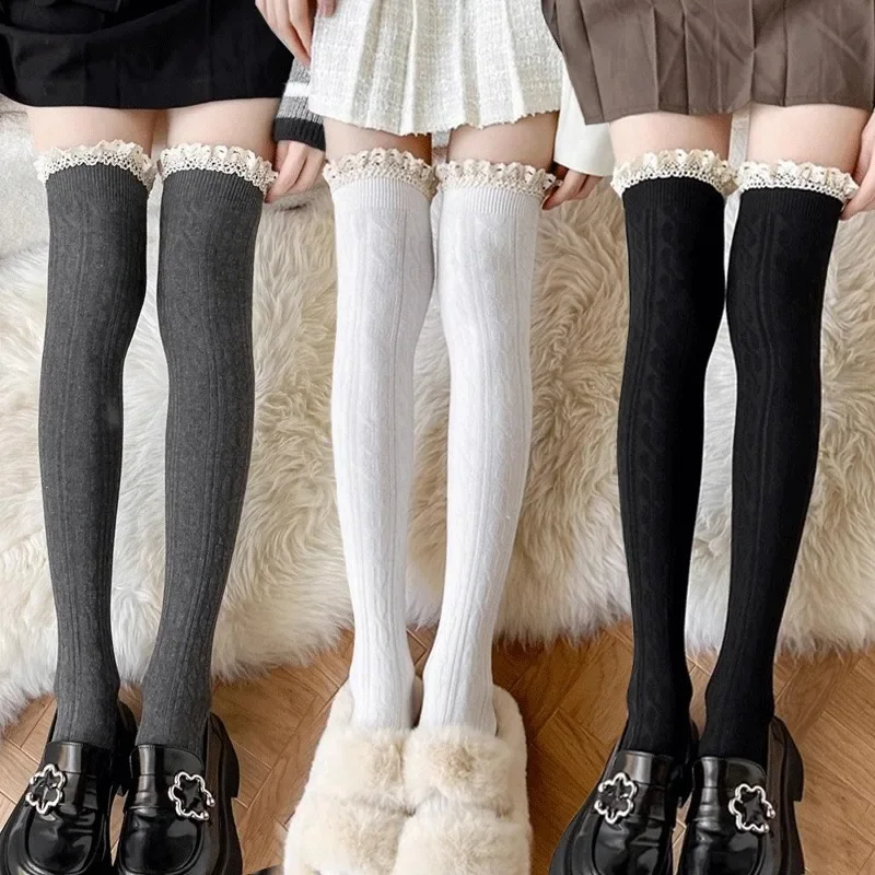 

Japanese JK Lace Socks Lolita Lace Stockings Women Knitted Pattern Girls Cute Elegant Solid Color Winter Warmer Floor Hosiery