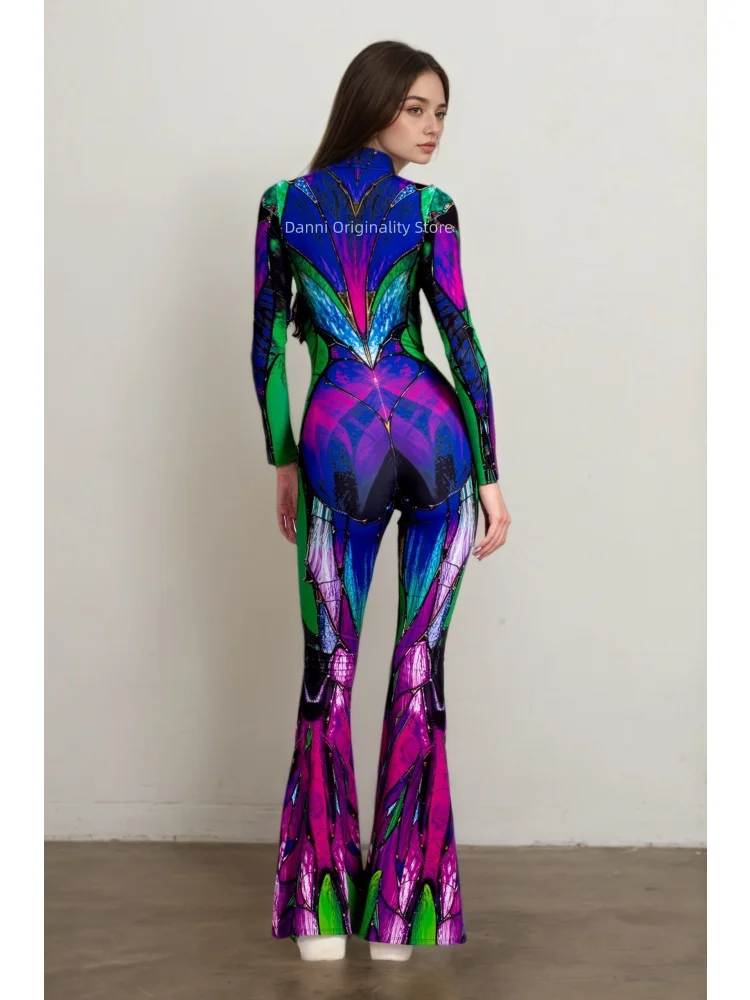 Peacock Cosplay 3D Feathers Print Flare Jumpsuit Women Colorful Long Sleeve Bodysuit Party Stage Rave Festival Performance Suits view 2