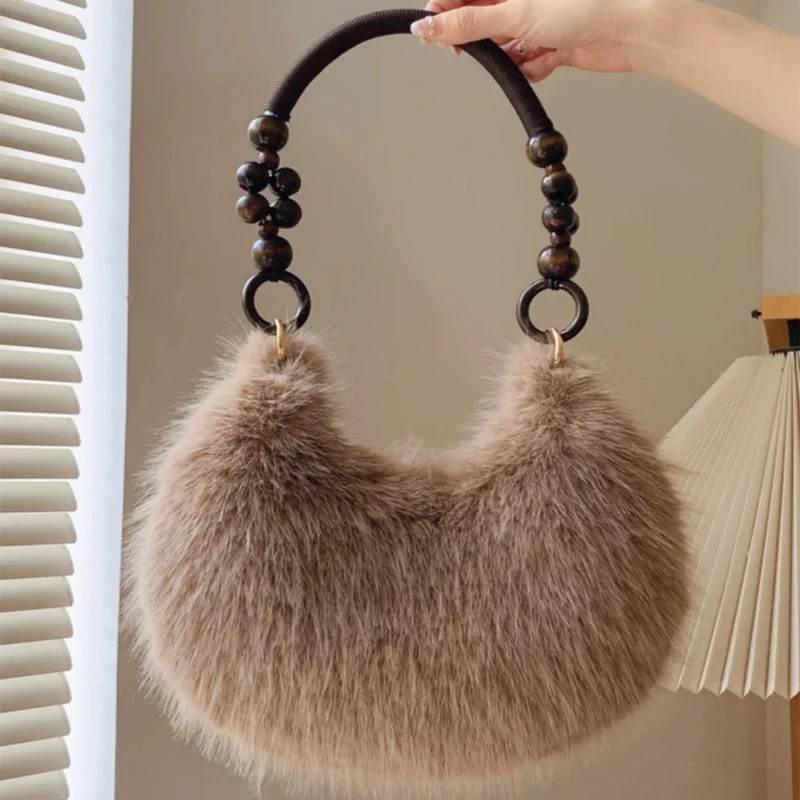 

Faux Fur Tote Bag Women's Hobos Plush Luxury Designer Ladies Beading Casual Handbags Soft Winter Shoulder Bags Bolsa Feminina