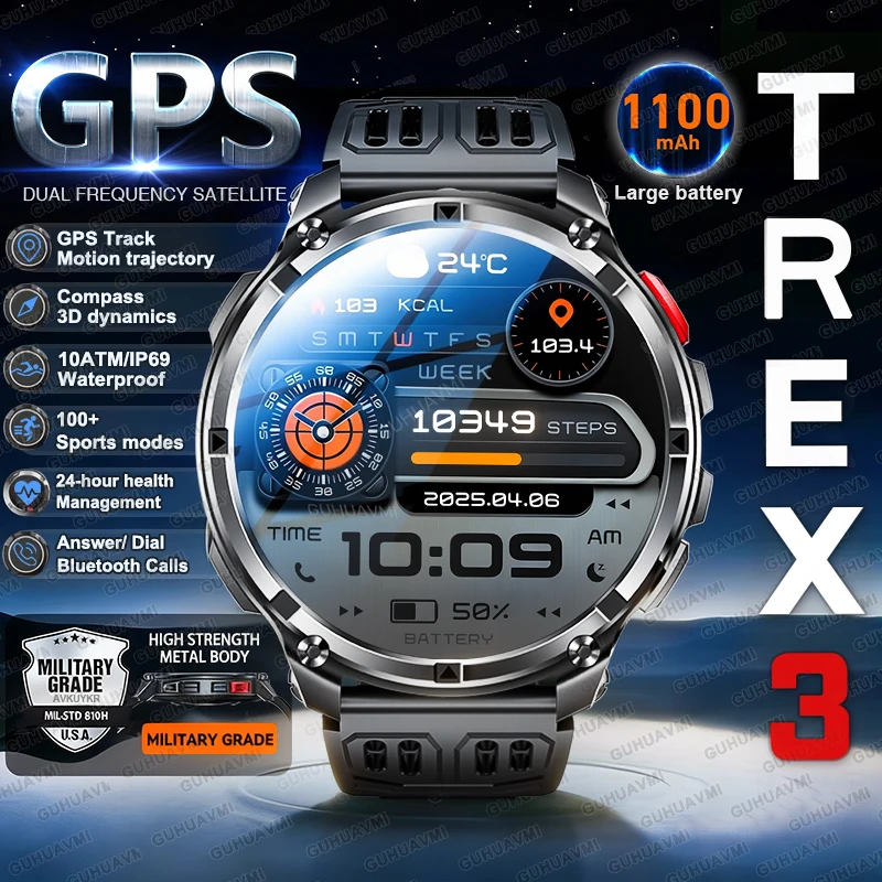 T-Rex3 Pro Military Smart Watch with GPS Compass Rugged Clock Men with 1100mAh Extra-Large Battery Sports Fitness Swim Watches