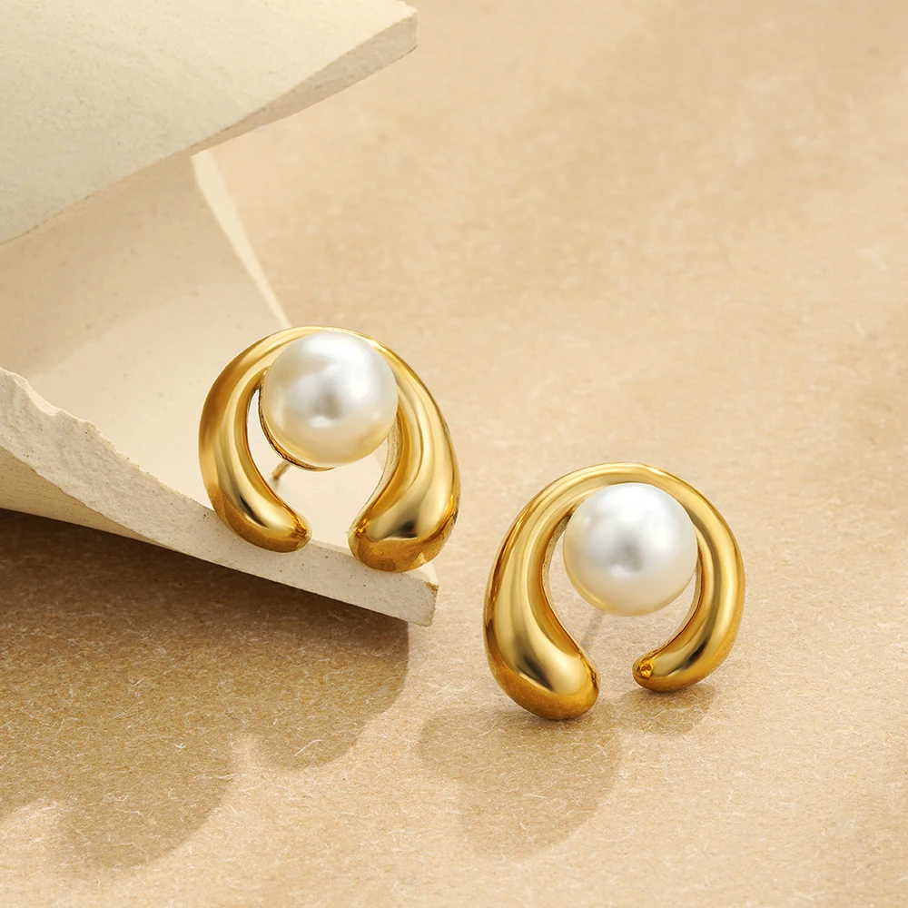 New Trendy Gold Plated Stainless Steel Circle Chunky Teardrops Earring Imitation Pearl Stud Earrings for Women Creative Jewelry