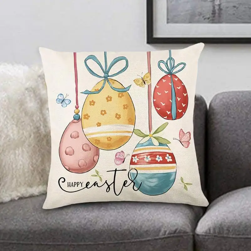 45*45CM Easter Cushion Cover Linen Cute Bunny Easter Eggs Pillow Cover For Sofa Chair Bed Car Easter Party Table Decoration