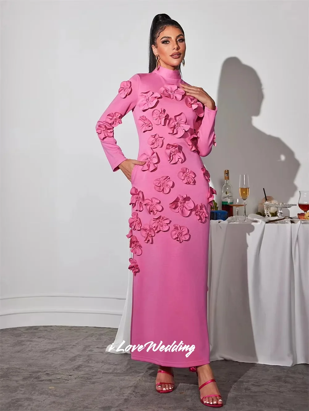 

Hot Pink High Neck Prom Dresses 2025 Satin Long Sleeve A-Line 3D Flowers Pleated Ankle-Length Wedding Party Dresses Customized