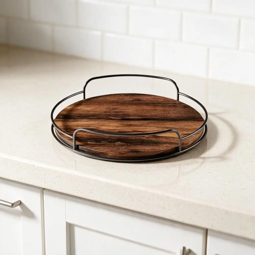 2 Piece Round Wooden Rotating Tray Turntable Metal Guard Rail Seasoning Bottle Organizer Strong Load-bearing Capacity