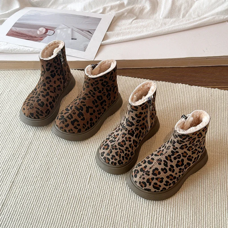 Little Kids Leopard Winter Boots, Faux Suede Plush Lined Inner Zipper Non-Slip Chunky Sole Warm Boots
