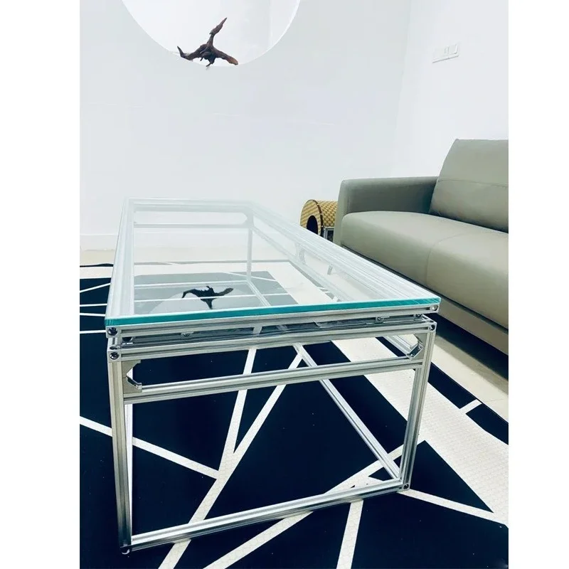 

Household living room sofa side square coffee aluminum profile long reception negotiation glass table