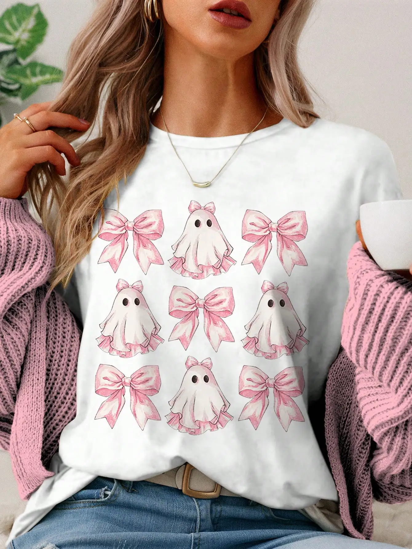 تي شيرت مطبوع عليه رسومات الهالوين لطيف على شكل شبح وفيونكة منقوشة كاجوال برقبة دائرية وأكمام قصيرة للنساء ملابس نسائية #2