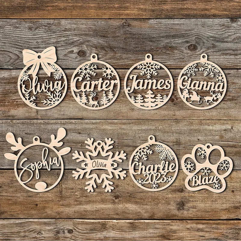 Custom Wooden Christmas Ornaments Name Plaque Personalized Snowflake Bell Reindeer Santa Claus Ornaments Newborn Holiday Gifts