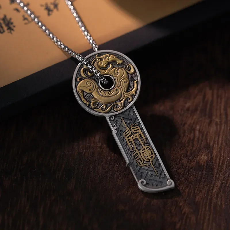 Ethnic Style Dao System Two-tone Color Luck Dragon Knife Coin Pendant Necklace Men's Domineering Fashion Leader Necklace Gifts