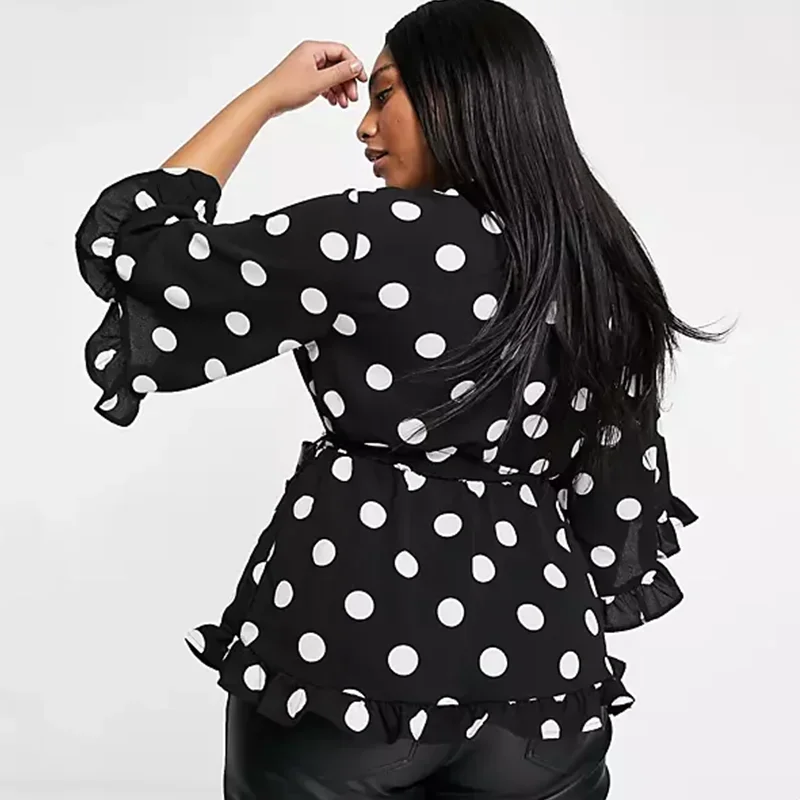 Plus Size Summer Elegant Polka Dot Print Peplum Blouse Tie Waist Half Ruffle Sleeve Sexy V-neck Casual Wrap Top Large Size 7XL