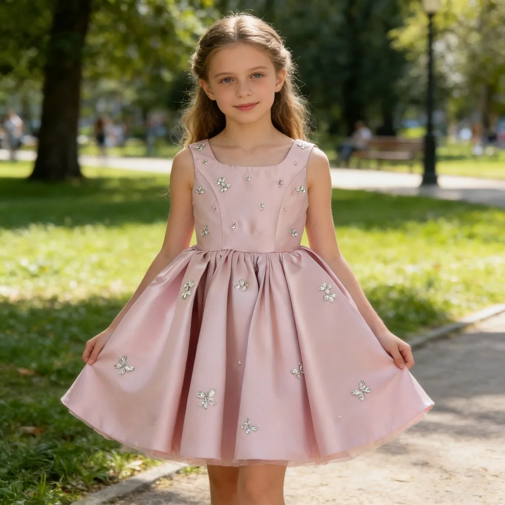 

Новое атласное платье для девочек с цветочным узором, наряд 2026 года, детская одежда, пасхальное платье, розовое, без рукавов, для маленьких девочек, на день рождения, для принцессы