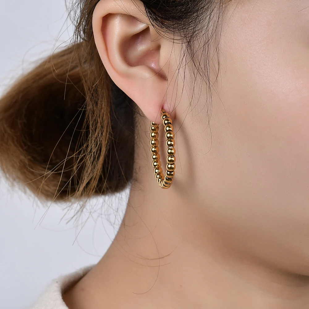 Gold Color Beaded Hoop Earrings For Women Stainless Steel Vintage Exaggerated Round Earring Fashion Accessories Party Jewelry