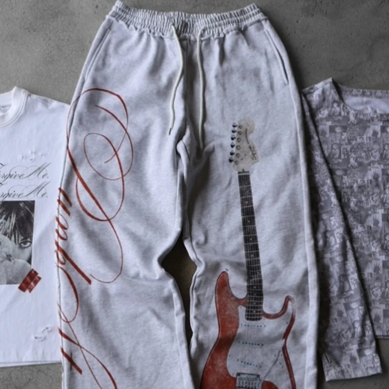 

Европейско-американские брюки с принтом гитары в стиле Y2K, женские свободные модные повседневные универсальные брюки в стиле ретро с высоким дизайнерским оформлением