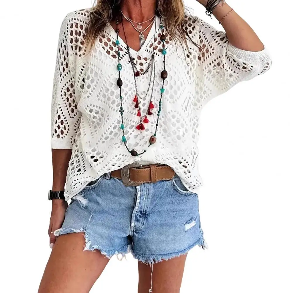 

Loose Cover Up Tops Women's with 3/4 Sleeves Hollow Knitted Design Loose V-neck Knitting Tops
