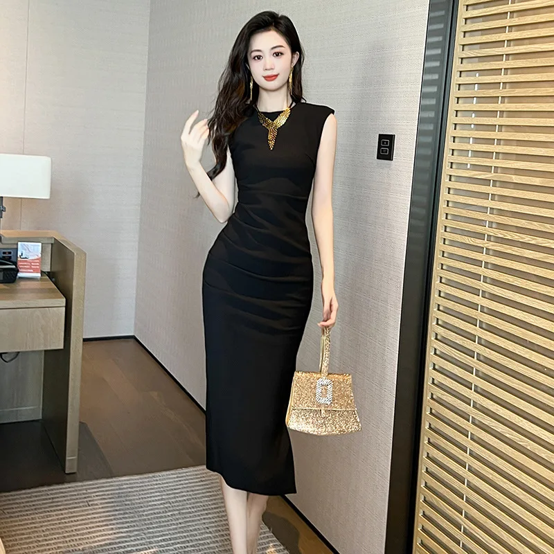 

Coigarsam 2024 Summer New Office Lady French Style Solid Sleeveless Zipper O-Neck Claret Black Glutinous Rice Dresses